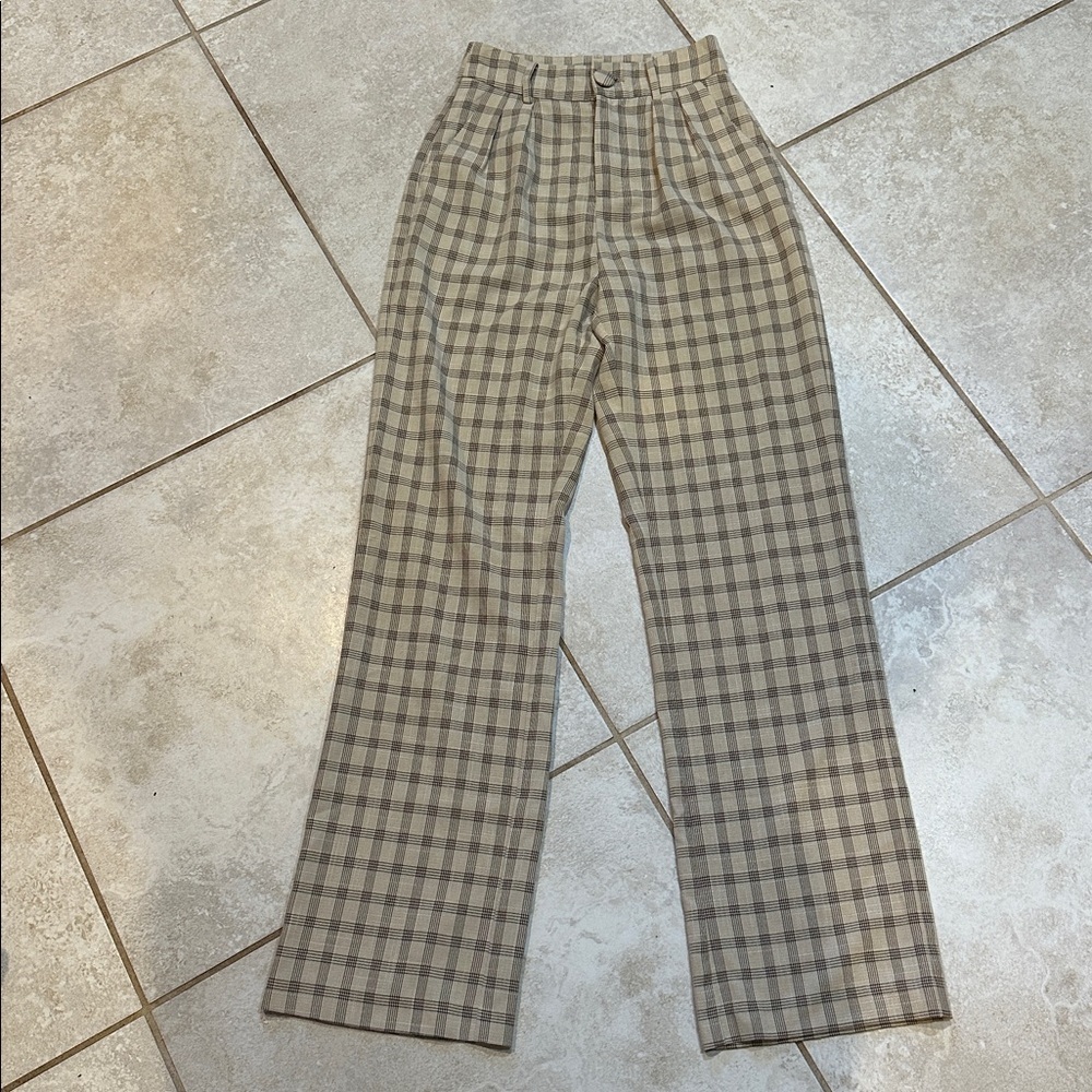 4th & Reckless Tan Brown Plaid Pleated Wide Leg Trouser Pants 2 Trousers